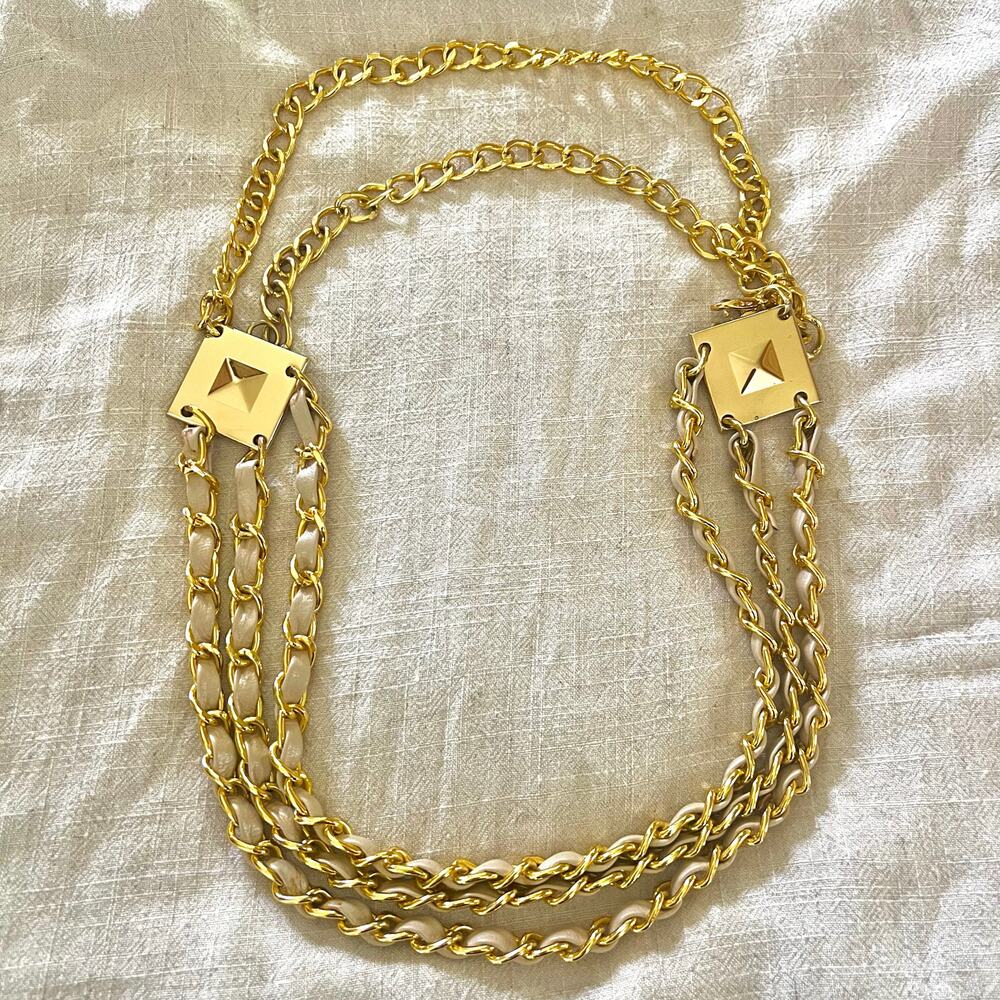 Vintage Gold Chain Belt Leather 3 Strand Convertible Necklace Pyramid Stud 80s